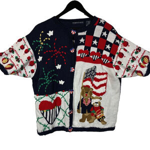 Cardigan Sweater Patriotic Red White & Blue 4th July Vintage Eagle's Eye Size XL